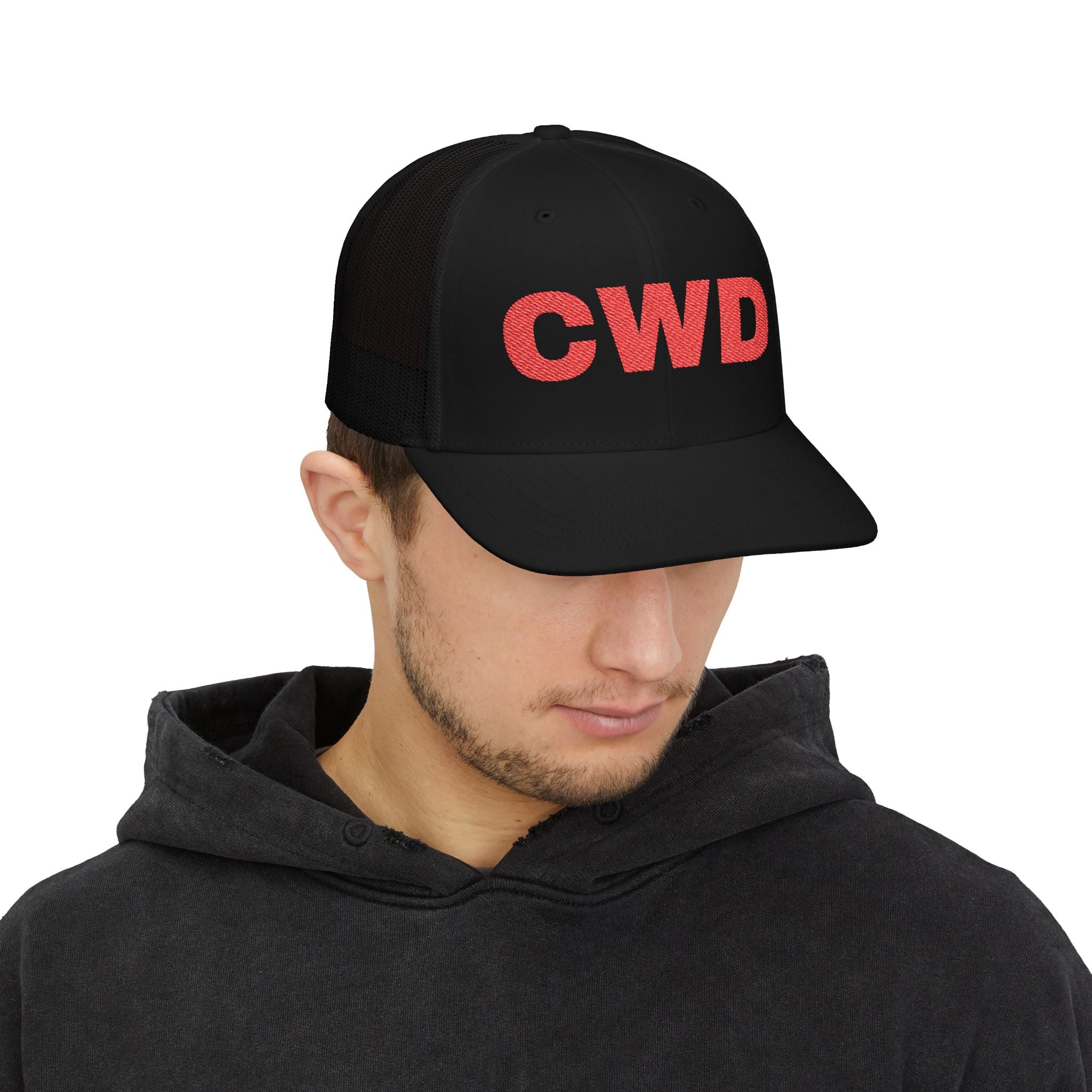 CWD Embroidered Snapback Trucker Cap — Retro Red Lettering